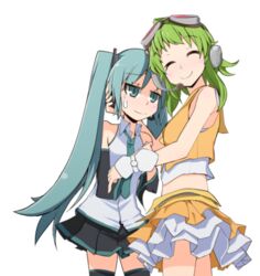  2girls aqua_eyes aqua_hair commentary_request crop_top detached_sleeves goggles goggles_on_head green_hair gumi hatsune_miku ladfa long_hair lowres midriff multiple_girls necktie skirt smile sweatdrop thighhighs transparent_background twintails very_long_hair vocaloid 