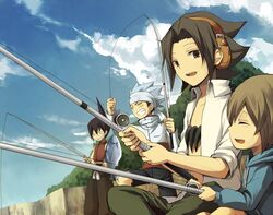  4boys aki-t asakura_yoh black_hair black_shorts blue_hair brown_eyes brown_hair closed_eyes closed_mouth cloud commentary_request day fish fishing fishing_rod green_pants grin headband headphones holding holding_fishing_rod looking_at_another male_focus md5_mismatch multiple_boys open_mouth oyamada_manta pants shaman_king shirt short_hair shorts sky smile tao_ren usui_horokeu white_shirt 