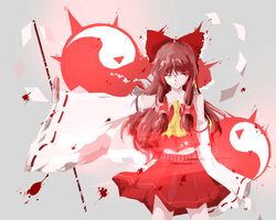  ascot blood blood_splatter bow brown_hair commentary_request detached_sleeves female glowing gohei grey_background hair_tubes hairbow hakurei_reimu highres light_trail long_hair midriff one_eye_closed outstretched_arm red_skirt ribbon-trimmed_sleeves ribbon_trim simple_background skirt smirk solo talisman touhou tudou_or_takoyaki yin_yang 