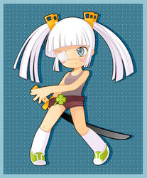  alice_vysochina belt blunt_bangs blush_stickers chibi clover eyepatch female four-leaf_clover grey_eyes long_hair lowres original shoes shorts sneakers socks solo sword tank_top twintails weapon white_hair 