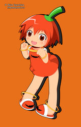  alice_vysochina anklet artist_name blush boukun_habanero bracelet chibi chili_pepper clenched_hands dress female habanero-tan habanero_pepper jewelry open_mouth original personification product_girl red_eyes red_hair short_hair simple_background slippers solo 