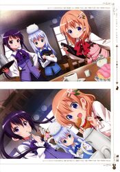  3girls :d absurdres blue_bow blue_eyes blue_hair blush bow brown_hair closed_mouth collared_shirt fukagawa_kazumi gochuumon_wa_usagi_desu_ka? hair_ornament hairclip highres holding holding_menu holding_spoon holding_tray hoto_cocoa kafuu_chino long_hair long_sleeves looking_at_another looking_at_viewer menu multiple_girls official_art okuda_yousuke open_mouth page_number parted_lips purple_bow purple_eyes purple_hair rabbit_house_uniform red_bow scan shirt short_hair smile spoon teapot tedeza_rize tippy_(gochiusa) tray waitress white_shirt x_hair_ornament 