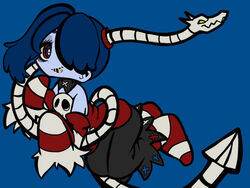  blue_hair blue_skin detached_sleeves female female hair_over_one_eye leviathan_(skullgirls) long_sleeves mikudrop monster_girl open_mouth red_eyes short_hair skull skullgirls smile solo squigly_(skullgirls) stitched_mouth stitches striped striped_legwear striped_sleeves striped_socks yellow_eyes zombie 