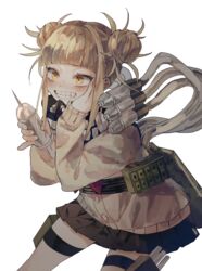  bangs blonde_hair blue_skirt blunt_bangs boku_no_hero_academia cardigan double_bun female hair_bun knife messy_hair pleated pleated_skirt school_uniform serafuku skirt solo toga_himiko weapon yellow_eyes 