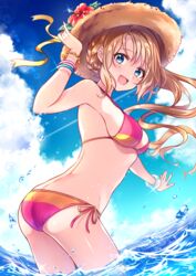  :d arm_up ass bikini blue_eyes blue_sky blush bracelet braid breasts cloud commentary_request cowboy_shot day female flower from_side halterneck hand_on_headwear hat hat_flower hat_ribbon highres jewelry koyoka long_hair looking_at_viewer medium_breasts moe2018 multicolored_bikini multicolored_clothes open_mouth original outdoors red_flower ribbon side-tie_bikini_bottom sky smile solo standing straw_hat string_bikini sun_hat swimsuit wading water wind yellow_ribbon 