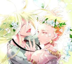  2boys armlet blonde_hair commentary_request earrings enkidu_(fate) fate/strange_fake fate_(series) flower gilgamesh_(fate) green_eyes green_hair hair_flower hair_ornament hair_slicked_back head_wreath jewelry long_hair male_focus momoayamo multiple_boys necklace photoshop_(medium) red_eyes 