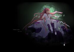  absurdres ahivemind commentary_request dated female gloves highres invisible_chair kaname_madoka letterboxed long_hair looking_at_viewer mahou_shoujo_madoka_magica mahou_shoujo_madoka_magica_(anime) outstretched_arm painterly pink_hair sitting solo thighhighs two_side_up ultimate_madoka very_long_hair yellow_eyes 