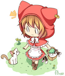  0_0 :3 apron basket bow brown_hair capelet cat_tail chen commentary_request cosplay day dress ear_piercing earrings feline female flower hat hat_with_ears hood jewelry little_red_riding_hood little_red_riding_hood_(grimm) little_red_riding_hood_(grimm)_(cosplay) mob_cap mochen multiple_tails nekomata o_o outdoors piercing pila-pela red_capelet red_dress single_earring tail touhou waist_apron 