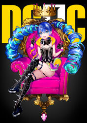  armchair belt_buckle belt_collar black_background black_collar black_footwear black_gloves black_thighhighs blue_hair boots bottle buckle candy chair chocolate collar commentary_request crossed_legs crown destiny_child detached_sleeves drill_hair fangs fangs_out female food food_in_mouth frilled_skirt frills gloves gradient_background hair_between_eyes half_gloves hands_up head_tilt highres holding holding_bottle holding_food lollipop long_hair long_sleeves mouth_hold multicolored_hair original parted_lips platform_footwear purple_skirt purple_sleeves see-through single_detached_sleeve sitting skirt sleeves_past_wrists solo spiked_boots spiked_footwear spiked_gloves studded_collar studded_trim tamaki_mitsune thigh_boots thighhighs twin_drills two-tone_hair very_long_hair 