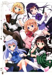  5girls absurdres adjusting_hair animal_ears apron aqua_eyes black_footwear black_legwear black_skirt blonde_hair blush bow brown_hair closed_mouth dress fake_animal_ears gochuumon_wa_usagi_desu_ka? green_eyes green_kimono gun handgun high_heels highres holding holding_gun holding_menu holding_weapon hoto_cocoa japanese_clothes kafuu_chino kimono kirima_syaro kneehighs long_hair long_sleeves looking_at_viewer maid maid_apron maid_headdress menu multiple_girls official_art okuda_yousuke open_mouth pantyhose parted_lips puffy_short_sleeves puffy_sleeves purple_bow purple_eyes purple_hair rabbit_ears scan short_hair short_sleeves skirt smile socks tedeza_rize thighhighs tippy_(gochiusa) twintails ujimatsu_chiya waitress weapon white_legwear 