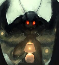  2018 absurd_res ambiguous_gender antennae_(anatomy) anthro arthropod cryptid fangs glowing glowing_eyes hi_res insect_wings insects lamp lepidopteran lol_comments meme moth moth_lamp_(meme) mothman mothmandraws nude red_eyes solo teeth wings 