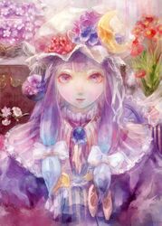  adapted_costume alternate_costume bow capelet commentary_request crescent crescent_hat_ornament female flower hairbow hat hat_flower hat_ornament highres hogecomhoge lips long_hair mob_cap patchouli_knowledge purple_eyes purple_hair smile solo touhou upper_body vest 