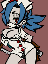  + +_+ bare_legs black_panties blue_hair breasts cleavage eyepatch female female hacksaw hair_over_one_eye hat large_breasts mikudrop nurse nurse_cap nurse_uniform panties red_eyes rted_eyes short_hair skullgirls solo symbol-shaped_pupils symbol_shaped_pupils underwear valentine_(skullgirls) 