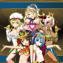  5girls :d :q ame_no_uzume_(p&amp;d) arabian_clothes bare_shoulders breasts cleavage commentary_request dark-skinned_female dark_skin elbow_gloves freyja_(p&amp;d) gloves grin hair_over_one_eye hathor_(p&amp;d) head_rest headgear heart highres horns lakshmi_(p&amp;d) large_breasts long_hair looking_at_viewer multiple_girls navel open_mouth outstretched_arm pandora_(p&amp;d) puzzle_&amp;_dragons smile standing strapless tongue tongue_out tube_top underboob zaxwu 