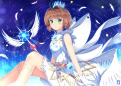  antenna_hair bad_id bad_pixiv_id brown_hair cardcaptor_sakura cardcaptor_sakura_clear_card_arc chinchongcha closed_mouth crown dress female gloves green_eyes highres kinomoto_sakura kinomoto_sakura_(crystal_feather_dress) looking_at_viewer magical_girl motion_blur short_hair sitting sky smile solo star_(sky) starry_sky white_dress white_gloves yume_no_tsue 