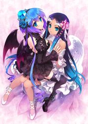  2girls angel angel_and_devil angel_wings aoki_lapis bad_link bare_shoulders black_hair black_legwear blue_eyes blue_flower blue_hair blue_rose carnelian cross-laced_footwear dark-skinned_female dark_skin demon_wings dress feathered_wings flower frills garter_straps hair_flower hair_ornament high_heels highres lace lace-up_heels long_hair looking_at_viewer merli_(vocaloid) multicolored_hair multiple_girls personality_switch rose siblings sisters thighhighs two-tone_hair vocaloid wings 