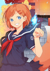  blue_eyes clenched_hand commentary_request female grin hair_ornament hairclip leaf lips orange_hair original school_uniform serafuku short_hair smile solo tail tomo_(damejin) wrist_flexed 