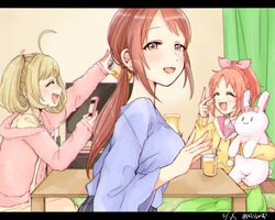  3girls abe_nana ahoge bad_id bad_pixiv_id blonde_hair blouse blurry blush bow brown_eyes brown_hair can cardigan cellphone choko_omochi closed_eyes commentary_request cup dated depth_of_field drinking_glass drinking_straw hairbow highres holding holding_can hood hoodie idolmaster idolmaster_cinderella_girls indoors kotatsu long_hair looking_at_viewer mifune_miyu multiple_girls open_mouth orange_hair phone pink_bow ponytail sato_shin shirt sitting smartphone smile stuffed_animal stuffed_rabbit stuffed_toy table television twintails twitter_username v v_over_eye 