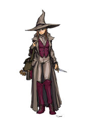  bag book boots concept_art dagger darren_geers female flat_chest full_body hat highres knee_boots long_coat long_hair original pants scroll solo vest weapon wizard_hat 