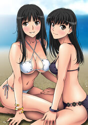  2girls amagami ayatsuji_tsukasa ayatsuji_yukari bare_shoulders beach bikini black_eyes black_hair blush bracelet breasts cleavage highres jewelry large_breasts long_hair looking_at_viewer multiple_girls ocean rudoni sand siblings sideboob sisters sitting small_breasts smile swimsuit water 