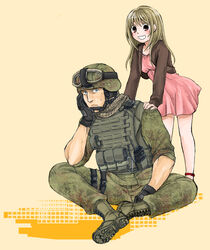  1boy :d armor blonde_hair blue_eyes boots brown_eyes bulletproof_vest carabiner coat commentary dress female gloves goggles goggles_on_headwear helmet load_bearing_vest looking_at_viewer military military_uniform mogu_(up.) open_mouth original radio_transceiver scarf sitting smile soldier sweat sweatdrop uniform 