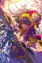  arm_up chang&#039;e_(destiny_child) commentary_request destiny_child female fingerless_gloves floral_print flower gauntlets gloves hair_ornament half-closed_eyes headdress highres japanese_clothes katana kimono leaf long_hair looking_to_the_side md5_mismatch obi open_mouth petals purple_eyes purple_hair resolution_mismatch sash sheath solo source_smaller sword tassel tsukioka_tsukiho unsheathing very_long_hair weapon wide_sleeves wind wind_lift wolf 