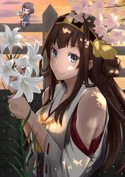  2girls 41cm_twin_gun_mount :3 bad_id bad_pixiv_id blue_eyes blush brick_wall brown_hair fairy_(kancolle) fence flower glasses hair_bun hairband holding holding_flower kantai_collection kneehighs kongou_(kancolle) lily_(flower) long_hair long_sleeves looking_at_viewer mini_person minigirl multiple_girls nontraditional_miko outdoors pleated_skirt revision ribbon-trimmed_sleeves ribbon_trim rimless_eyewear school_uniform serafuku shirt shoes short_hair single_hair_bun sitting skirt smile socks usami_(ym1989) wall white_legwear |_| 