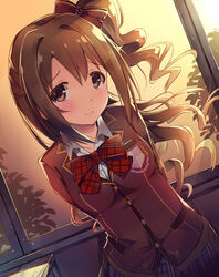  absurdres arms_behind_back backlighting blazer brown_eyes brown_hair classroom commentary_request dutch_angle female highres idolmaster idolmaster_cinderella_girls idolmaster_cinderella_girls_starlight_stage indoors jacket long_hair looking_at_viewer love_letter_(idolmaster) one_side_up plaid plaid_skirt seneto shimamura_uzuki skirt solo sunset 