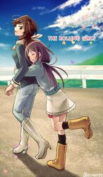  2girls :d bad_id bad_twitter_id boots brown_hair closed_eyes commentary_request denim eyewear_on_head hug hug_from_behind jacket jeans knee_boots long_hair moritomo_nozomi multiple_girls niina_ryou open_mouth pants scarf smile sunglasses the_rolling_girls utoku_masami white_footwear yellow_footwear 