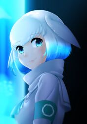  animal_ears aquarium armband bad_id bad_pixiv_id beluga_whale_(kemono_friends)_(stylecase) blue_hair blurry blurry_background closed_mouth commentary depth_of_field female fins from_side head_fins high_collar highres indoors kemono_friends looking_at_viewer looking_to_the_side multicolored_hair original sailor_collar smile solo stylecase two-tone_hair upper_body white_hair white_sailor_collar 