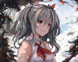  alternate_costume commentary_request female grey_eyes grey_hair hair_ribbon heart highres kantai_collection kashima_(kancolle) leaf long_hair looking_at_viewer ribbon sekigan shirt sleeveless sleeveless_shirt snow solo tree twintails upper_body 