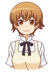  arms_at_sides brown_eyes brown_hair commentary_request female looking_at_viewer miyakoshi_hana mugen_ouka shirt short_hair smile solo upper_body wagnaria_uniform waitress white_background white_shirt working!! working!!_(web_manga) 