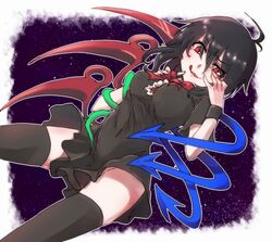  asymmetrical_wings black_hair black_thighhighs breasts commentary_request dress female houjuu_nue medium_breasts no_panties open_mouth red_eyes short_hair solo thighhighs touhou urita_(vivivinicol) wings zettai_ryouiki 