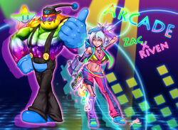  alternate_costume arcade arcade_riven armpits asymmetrical_legwear belt breasts cleavage commentary dance_dance_revolution english_commentary female grey_hair highres league_of_legends medium_breasts midriff mismatched_legwear monster_boy navel phantom_ix_row photoshop_(medium) power_gloves riven_(league_of_legends) short_hair slime_boy star_(symbol) sunglasses yellow_eyes zac_(league_of_legends) 