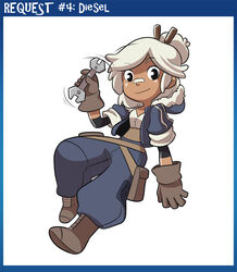  bad_id bad_tumblr_id bandaid bandaid_on_face bandaid_on_nose black_eyes boots borrowed_character brown_footwear brown_gloves dark-skinned_female dark_skin diesel_(tyson_hesse) female full_body gloves hair_bun hood jacket mary_cagle original pouch single_hair_bun smile solo white_hair wrench 