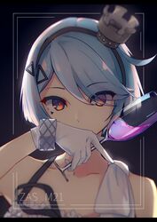  absurdres ahoge bare_shoulders blue_hair bracelet character_name collarbone commentary covering_own_mouth crown cup dress drinking_glass eyes_visible_through_hair female girls&#039;_frontline gloves hair_ornament hairband hairclip highres jewelry looking_at_viewer mini_crown official_alternate_costume orange_eyes portrait short_hair solo strap swept_bangs teay_(ttttteay) white_dress white_gloves wine_glass zas_m21_(girls&#039;_frontline) zas_m21_(white_queen)_(girls&#039;_frontline) 