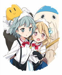  2girls absurdres apron bad_id bad_pixiv_id blonde_hair blue_eyes blue_hair bow braid commentary_request flower hair_flower hair_ornament highres kosaka_yukina maid_headdress misono_chiaya mousou_(mousou_temporary) multiple_girls open_mouth red_eyes the_rolling_girls waist_apron waitress 