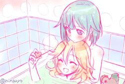  2girls bad_id bad_twitter_id bath bathtub blonde_hair blue_eyes blue_hair blush body_blush closed_eyes commentary_request convenient_head kosaka_yukina misono_chiaya multiple_girls niina_ryou open_mouth same-sex_bathing shared_bathing smile the_rolling_girls 