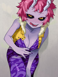  :d :p ashido_mina bare_shoulders black_sclera blush boku_no_hero_academia breasts buttons cleavage collarbone colored_eyelashes colored_sclera colored_skin commentary_request downblouse female fingernails fur_trim grey_background half-closed_eyes horns kuroshin large_breasts leaning_forward long_fingernails looking_at_viewer nail_polish naughty_face nose_blush open_clothes open_mouth open_vest pink_hair pink_skin pulling_own_clothes purple_nails shadow short_hair simple_background smile solo tongue tongue_out unbuttoned unitard vest yellow_eyes 