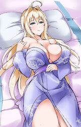  ahoge bare_shoulders bed blonde_hair bolobolo breasts elf female female green_eyes highres indoors japanese_clothes large_breasts long_hair looking_at_viewer lying mole no_bra on_back original pointy_ears smile solo thighs yukata 