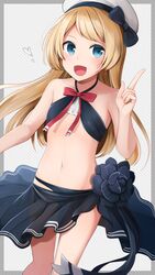  absurdres alternate_costume bikini black_bikini blonde_hair blue_eyes blush bow bowtie commentary_request cosplay female flat_chest flower hand_up hat heart highres jervis_(kancolle) kantai_collection long_hair looking_at_viewer navel official_alternate_costume open_mouth red_bow red_bowtie red_ribbon ribbon sailor_hat sarong simple_background smile solo standing swimsuit tatsuta_(kancolle) tatsuta_(kancolle)_(cosplay) tatsuta_(swimsuit_mode)_(kancolle) thighs yunamaro 