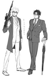  2boys bespectacled birthmark closed_umbrella commentary_request dio_brando ear_birthmark formal glasses greyscale gun highres jojo_no_kimyou_na_bouken jonathan_joestar kingsman:_the_secret_service male_focus monochrome multiple_boys parody phantom_blood planted planted_umbrella rifle sb_(hiratsei) sniper_rifle suit umbrella weapon 