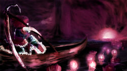  bad_id bad_pixiv_id boat female fire flower hair_bobbles hair_ornament highres nekoya_(liu) onozuka_komachi red_eyes red_hair river sanzu_river scythe short_hair solo spider_lily touhou two_side_up watercraft 