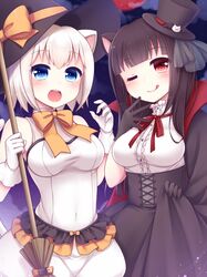  2girls :d ;q animal_ears black_gloves blue_eyes blush breasts broom brown_hair cat_ears cat_tail character_request chunithm commentary_request covered_navel gloves halloween hat head_tilt high-waist_skirt highres holding holding_broom looking_at_viewer maimai_(game) medium_breasts milk_(maimai) mini_hat mini_top_hat moon multiple_girls neck_ribbon night one_eye_closed open_mouth outdoors red_eyes red_moon red_ribbon ribbon sanotsuki shama_(maimai) short_hair skirt skirt_hold smile star_(sky) tail tongue tongue_out top_hat white_gloves white_hair witch witch_hat 