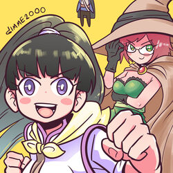  1boy 2girls absurdres adjusting_eyewear black_hair blue_eyes blush_stickers breast_hold breasts cape clenched_hand commentary fighter_(goblin_slayer!) gimme2000 glasses goblin_slayer! green_eyes hat highres looking_at_viewer mami_mogu_mogu multiple_girls open_mouth out_of_frame photoshop_(medium) ponytail red_hair simple_background smile smug warrior_(goblin_slayer!) witch_hat wizard_(goblin_slayer!) yellow_background 