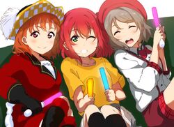  3girls bad_id bad_pixiv_id beret boots braid brown_hair closed_eyes collarbone cyaron!_(love_live!) glowstick green_eyes grin hair_between_eyes hat highres icehotmilktea kurosawa_ruby looking_at_viewer love_live! love_live!_sunshine!! multiple_girls one_eye_closed orange_hair overall_shorts overalls pirate_hat pleated_skirt red_eyes red_hair side_braid sitting skirt smile takami_chika watanabe_you 