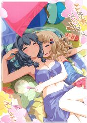  2girls arm_around_waist armpits blonde_hair blue_hair blush breasts cleavage closed_eyes cuddling front-tie_top furutani_himawari goyacchi hair_ornament hairband hairclip hand_fan highres large_breasts lotion midriff miniskirt multiple_girls navel oomuro_sakurako paper_fan pillow sandals sarong scan short_hair skirt sleeping sunscreen uchiwa unworn_sandals yuri yuru_yuri 