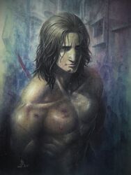  1boy absurdres bad_id bad_pixiv_id dated futon_saru hair_down highres katana male_focus metal_gear_(series) metal_gear_rising:_revengeance no_beard samuel_rodrigues signature solo sweat sword topless_male weapon 