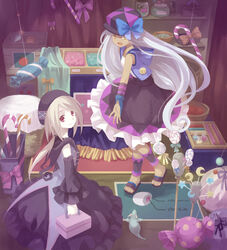  2girls bat_(coumori) candy candy_cane candy_store commentary_request food hat long_hair millci multiple_girls photoshop_(medium) pixiv_fantasia pixiv_fantasia_sword_regalia red_eyes ribbon shop tan very_long_hair white_hair 