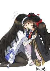  2girls black_hair black_pantyhose blunt_bangs blush cape closed_eyes commentary_request flower girls&#039;_frontline gloves hair_flower hair_ornament hair_ribbon hairband heart kissing korean_commentary long_hair multiple_girls necktie pantyhose pleated_skirt ribbon riccae skirt twintails type_95_(girls&#039;_frontline) type_97_(girls&#039;_frontline) very_long_hair white_gloves white_hairband white_legwear white_skirt yuri 